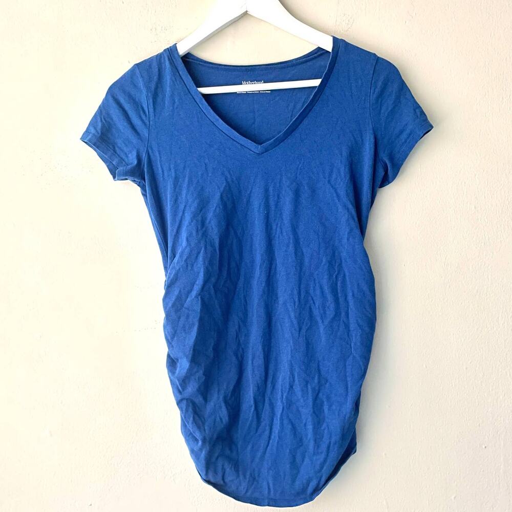 Motherhood Maternity Blue Crewneck Short Sleeve Ruch Side Cotton Blend Tee - XS